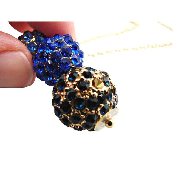 Three Ball Blue Black Rhinestone Pendant Necklace Gold Tone Disco Crafts Jewelry - Picture 3 of 9